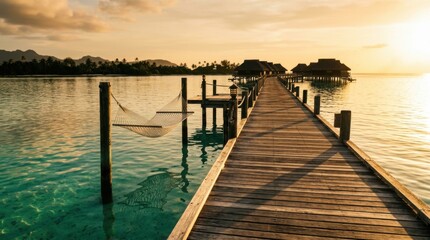 Fototapeta premium Wooden Pier Extending into Tropical Ocean at Sunset.