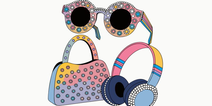 Bedazzled fashion accessories with rhinestone sunglasses handbag and headphones in colorful luxury illustration