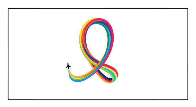 Airplane draws rainbow ribbon trail in sky, symbolizing hope, travel, and pride