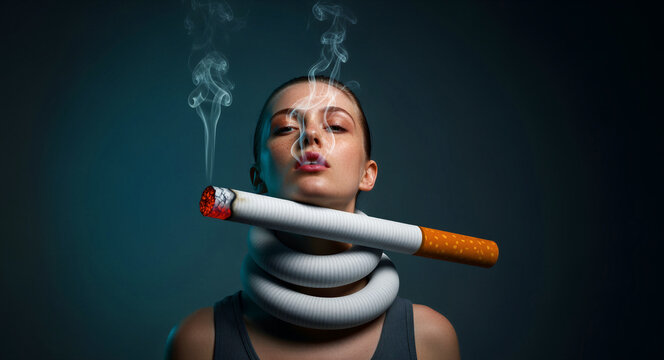 Young woman with a giant cigarette wrapped around her neck. Surreal conceptual art illustrating the suffocating grip of nicotine dependence. Anti-smoking health concept for social awareness ads.