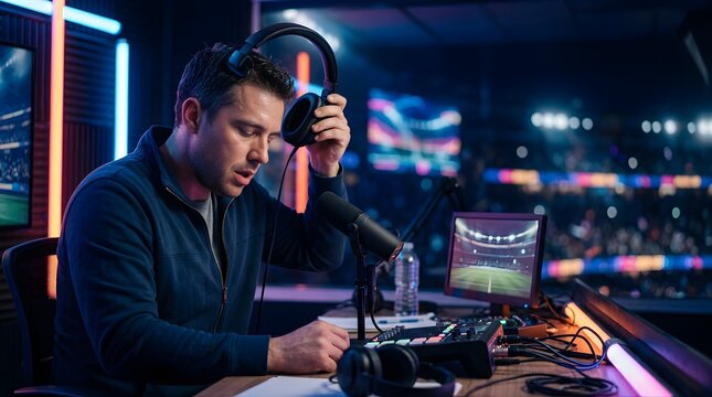 Sports commentator recording live broadcast in a professional virtual studio