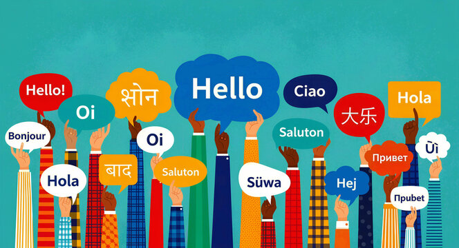 Diverse hands holding speech bubbles with hello in multiple languages. Colorful illustration showing global communication across different cultures. Translation and multicultural unity concept.