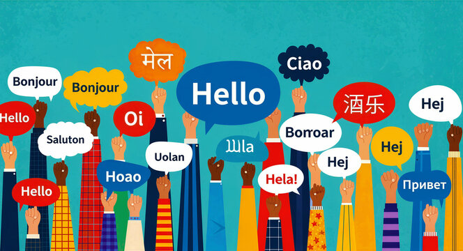 Diverse hands raised holding speech bubbles with hello in multiple languages. Vibrant vector illustration of global greetings and cultural inclusion. Ideal for international business and education.