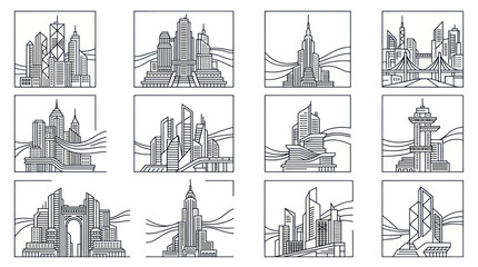 Naklejka premium Modern Cityscape Line Art Collection: Diverse Architectural Styles and Skylines