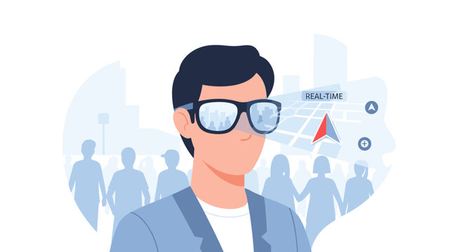Person experiencing seamless augmented reality navigation using smart wearable glasses with integrated ai technology for real time urban city guidance and travel