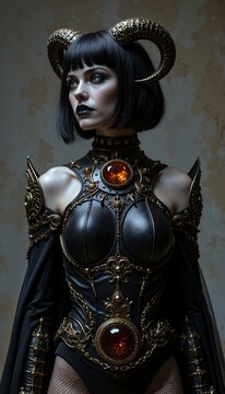 This photo shows a cosplayer as Lilith, wearing intricate black and gold armor adorned with amber stones