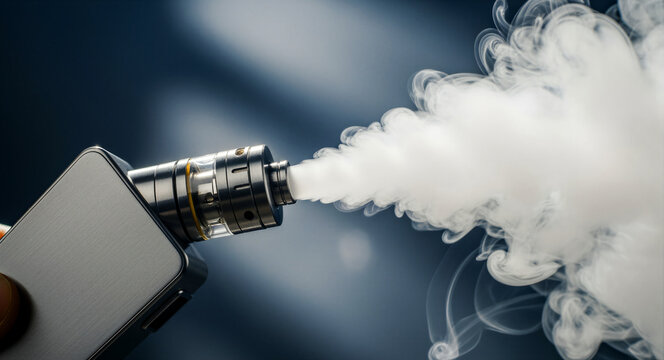 Electronic cigarette emitting a dense cloud of white vapor. Close-up of a modern vape mod with a metallic finish and clear tank. Smoking alternative concept, ideal for vaping industry marketing.