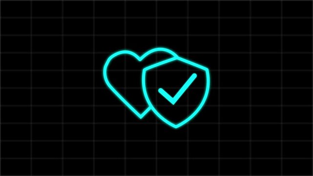 Neon healthcare heart secure icon animation black background.
