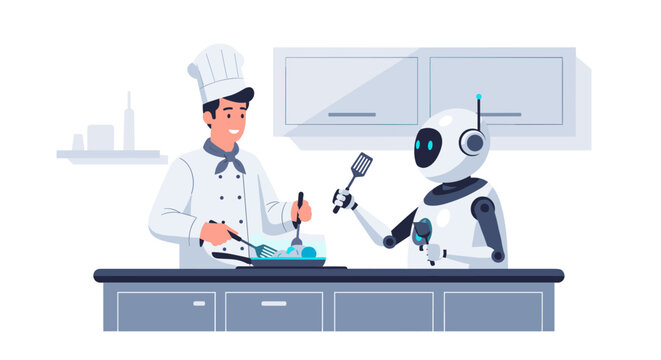 Professional male chef cooking in a modern kitchen while collaborating with an advanced ai robot assistant to prepare a delicious meal in a flat digital illustration