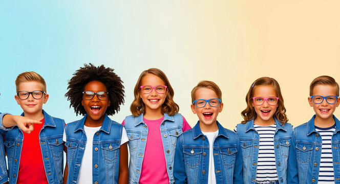 Diverse group of happy children wearing colorful eyeglasses and denim vests while smiling. Multiethnic kids laughing together in a studio. Vision care and pediatric health concept for marketing.