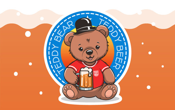 Vector cartoon cute teddy bear sitting in hat, wearing red t-shirt and holding glass mug of beer. Toon sticker. Alcoholic yeast drink. Coaster. Animated animal. Beery decal