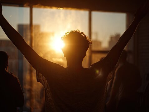 Person with arms raised in sunlight, silhouetted against a window