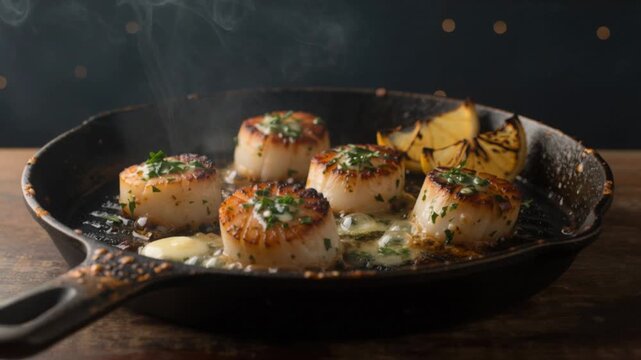 Delicious seared scallops with herbs and lemon cooking in a cast iron skillet with melted butter