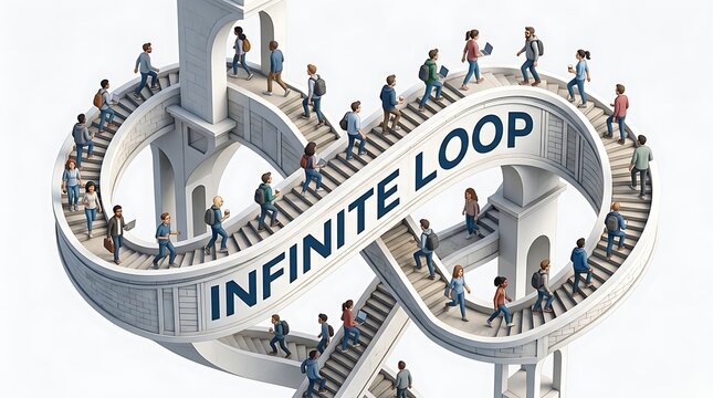 People walking on an endless infinite loop stairs concept illustration.