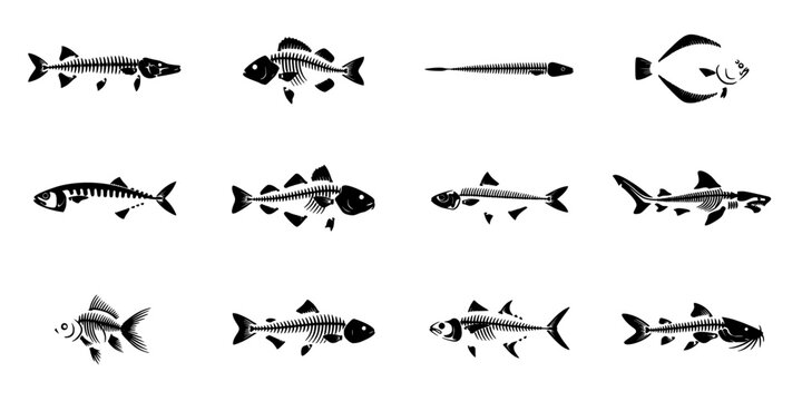 Fish Vector Illustration Set of Twelve Black and White Marine Species, Patterned Fins, Decorative Icons on White Background