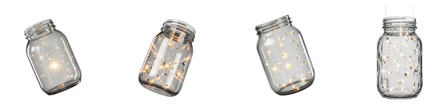Four glass jars filled with glowing fireflies isolated on black background