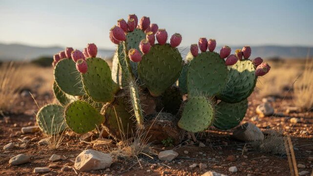 Prickly pear cactus with ripe red fruit in arid desert landscape under warm sunlight