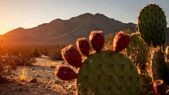Desert landscape with prickly pear cactus and mountains at sunset in arid environment