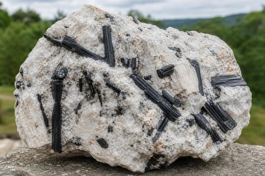 Granite pegmatite specimen with black tourmaline and white feldspar crystals.