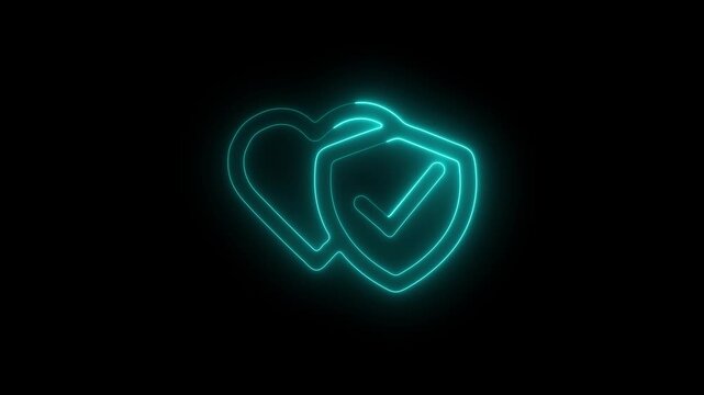 Neon healthcare heart secure icon animation black background.