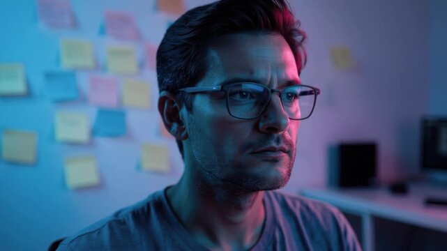 Focused business man working late in modern office with colorful sticky notes on wall