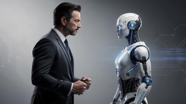Businessman facing futuristic robot with advanced technology and artificial intelligence concept