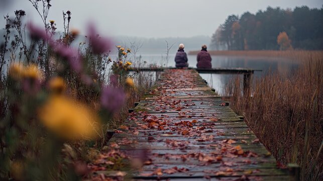 Two figures sit on a wooden pier watching a misty lake on an autumn day