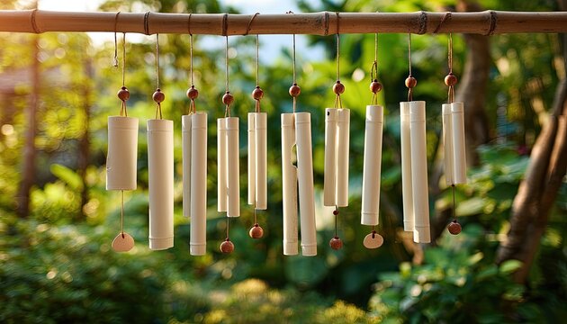 Delicate chimes crafted from natural materials hang, swaying gently in outdoor sunlight