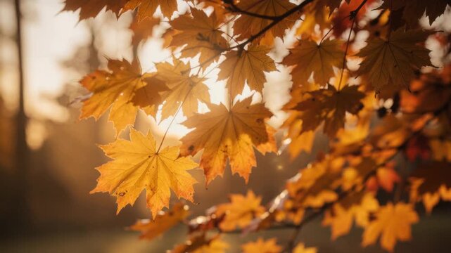 Golden autumn maple leaves with soft sunlight glowing in fall forest nature scene
