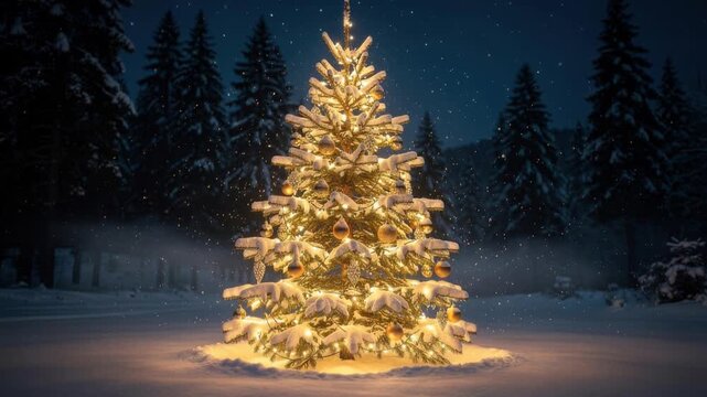 Decorated Christmas tree glowing with warm lights and snow in a winter forest at night