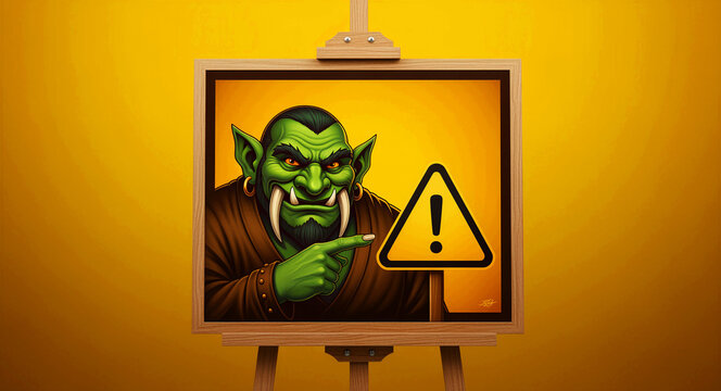 Green orc character pointing at a yellow warning sign in a wooden frame. Cartoon troll illustration with a caution exclamation mark. Fantasy alert concept for game error screens and notifications.