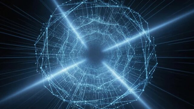 Futuristic digital network tunnel with glowing blue lines and connected nodes in technology concept