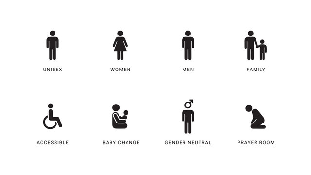 Comprehensive collection of black restroom icons with text labels for unisex, women, men, family, accessible, baby change, gender neutral, and prayer room.