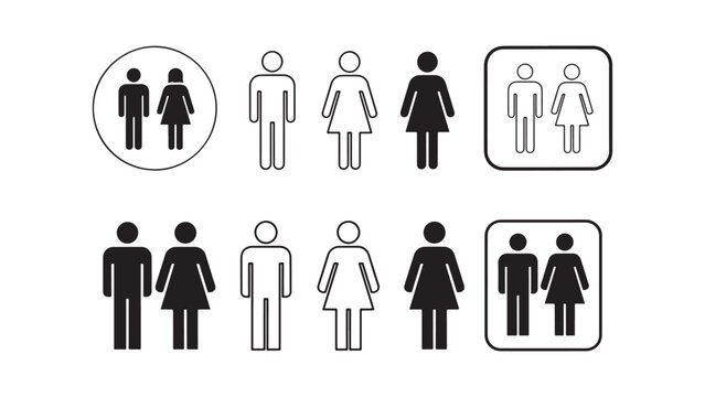 Bathroom sign pictogram collection with man and woman symbols featuring thin outline and solid fill styles for clear public facility navigation design.