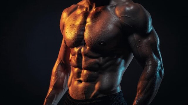 Muscular male torso with defined abs and arms glistening with sweat in dramatic lighting