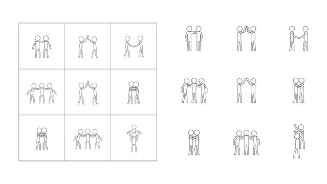 Set of abstract stick figures of people holding hands, hugging, and interacting in various social and supportive poses.