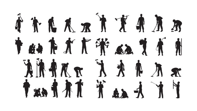 Workers silhouettes performing various tasks, construction and maintenance, people with tools and equipment, set.