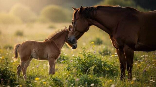 Tender moment between a foal and adult horse in a sunlit wildflower meadow during golden hour