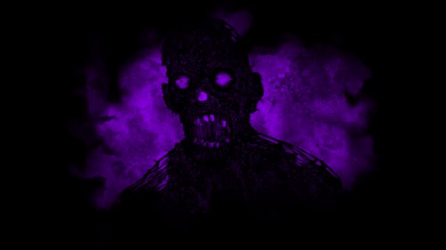 黒いノイズの入った動く人影と紫の不気味な背景のアニメーション動画