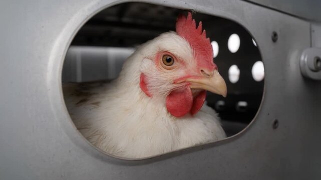 Close up of a white chicken inside a metal cage showing feathers beak and eye details