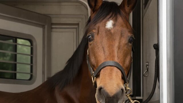 Close up of a brown horse with a halter inside a horse trailer stable