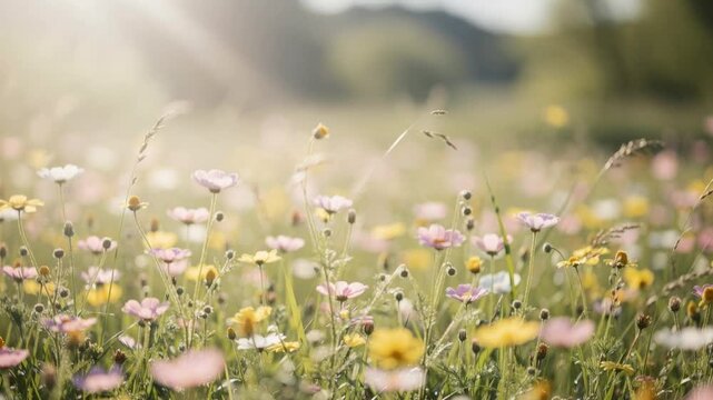 Beautiful wildflower meadow with soft sunlight and pastel colors in a natural summer landscape