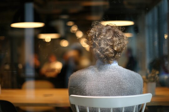 Person with curly hair sits facing away at a table in a modern cafe