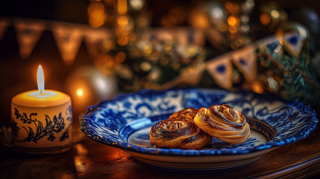 bunting. Danish porcelain plate with blue floral patterns, cinnamon pastries, festive bunting. menu design, packaging mockups, designed for culinary blogs and recipe cards for restaurants.