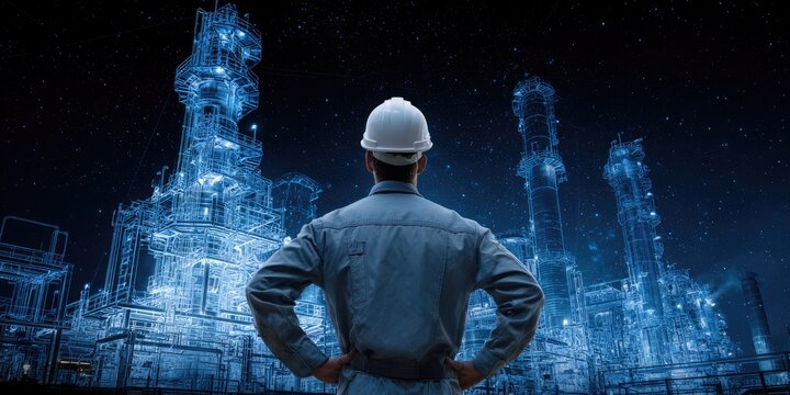 Person in hard hat views glowing futuristic industrial complex at night