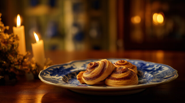 bunting. Danish porcelain plate with blue floral patterns, cinnamon pastries, festive bunting. menu design, packaging mockups, designed for culinary blogs and recipe cards for restaurants.