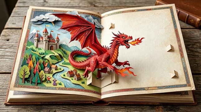 Pop-up book with dragon emerging from pages breathing fire in front of a castle