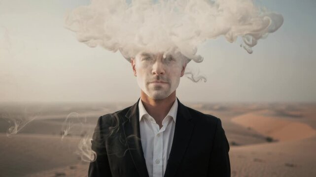 Surreal man in suit with cloud smoke covering his face in desert landscape conceptual creative art