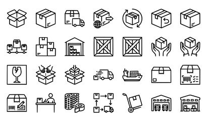 Fototapeta premium Packaging and Cargo Distribution Line Icons with Shipping Delivery Warehouse and Parcel Symbols