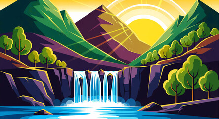 Vector illustration of a scenic waterfall cascading into a lake. Geometric mountains and trees are bathed in golden sunlight. Vibrant nature landscape concept for travel and environment graphics. © JONES JAMES OLIVER 
